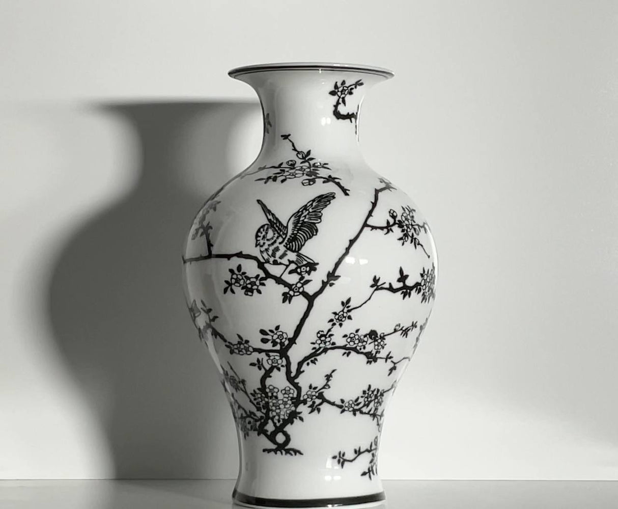Monochrome Bird Ceramic Vase – 22 cm